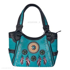 Turquoise Dream Catcher Studded Black Tote Handbag